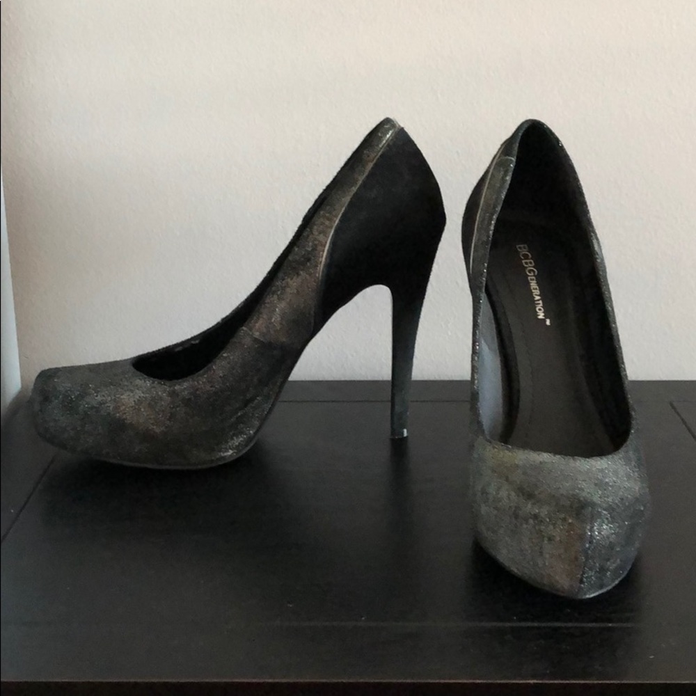 BCBG black and crushed metallic heels size 9